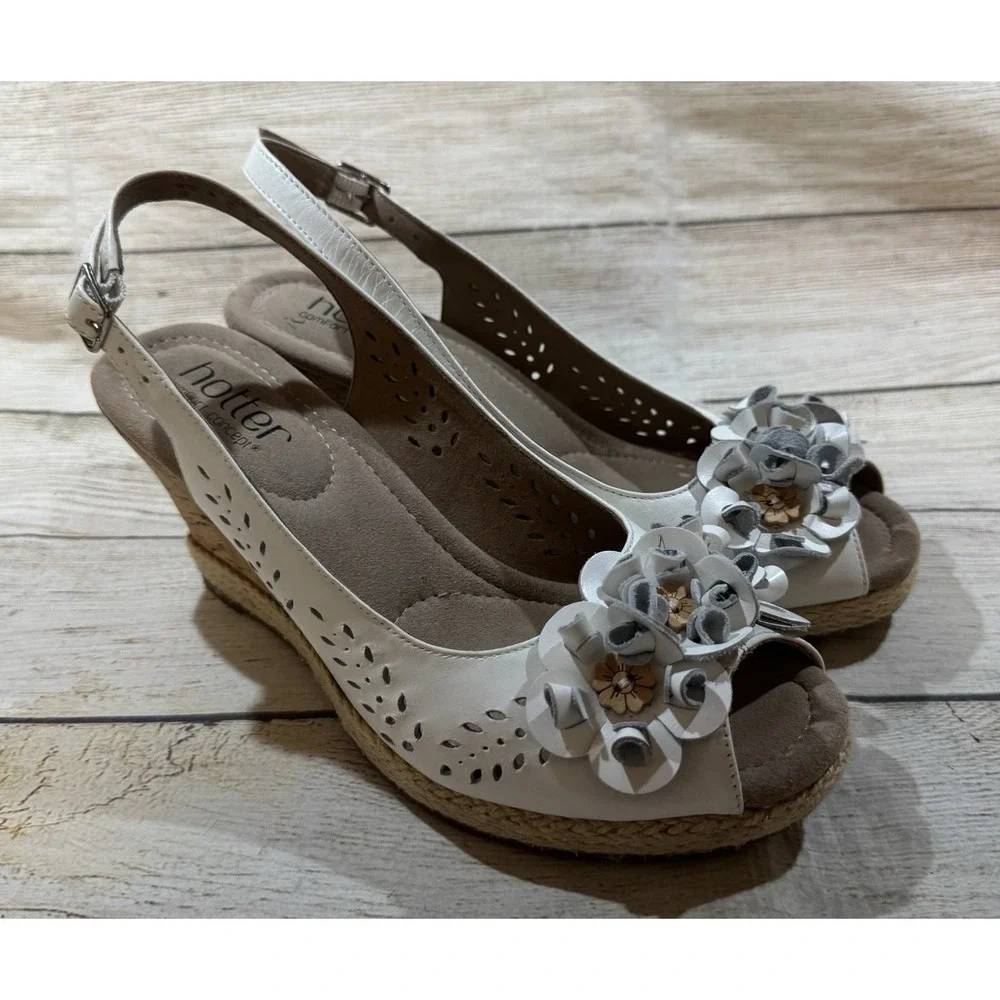 Hotter Hattie Peeptoe White Floral Cork Wedge Slingback Sandals Sz 7 US 38 EUR
